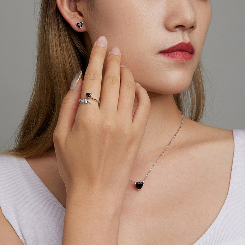 Black Heart Wing Stacking Bypass Ring in 925 Sterling Silver