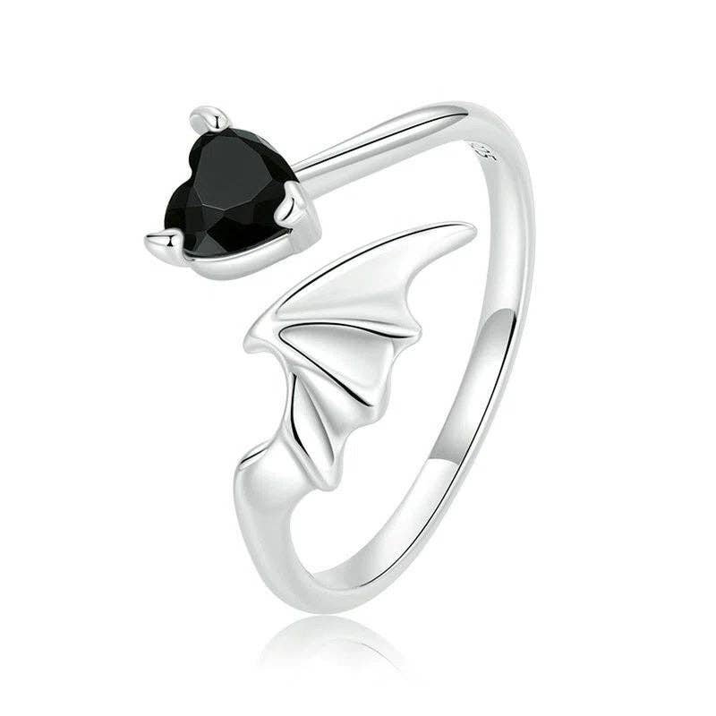 Black Heart Wing Stacking Bypass Ring in 925 Sterling Silver