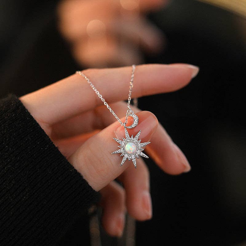 Opal Sun Moon Charm Pendant Necklace in 925 Sterling Silver