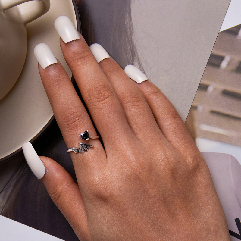 Black Heart Wing Stacking Bypass Ring in 925 Sterling Silver