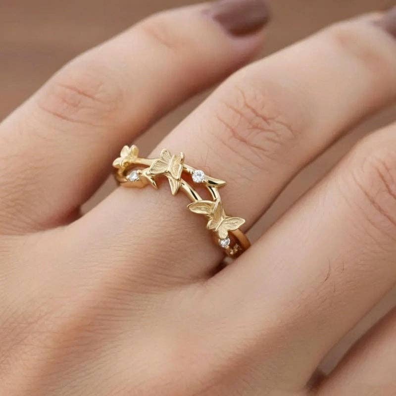 Textured Butterfly Vine CZ Band Ring in 925 Sterling Silver
