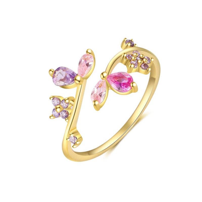 Two-Tone Butterfly Floral Bypass Ring in 925 Sterling Silver