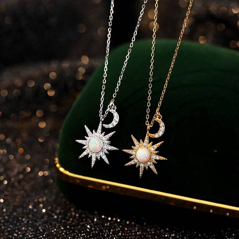 Opal Sun Moon Charm Pendant Necklace in 925 Sterling Silver