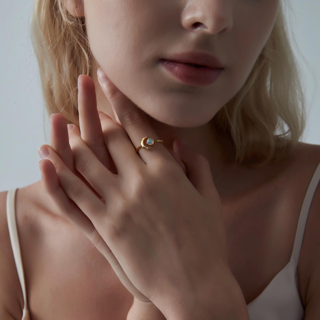 Opal Star Moon Open Stacking Ring in 925 Sterling Silver