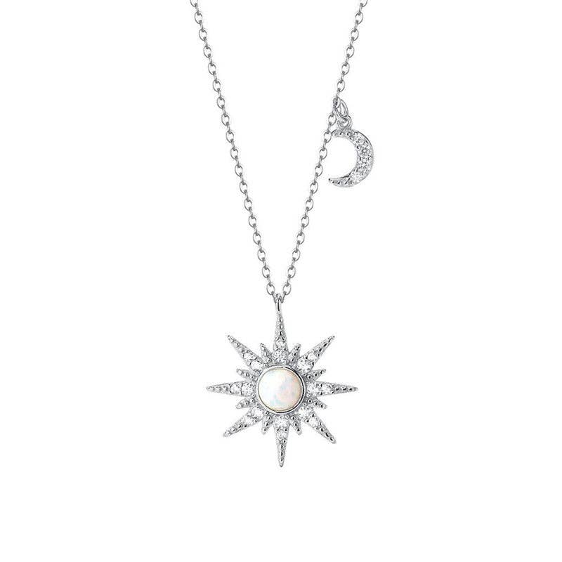 Opal Sun Moon Charm Pendant Necklace in 925 Sterling Silver