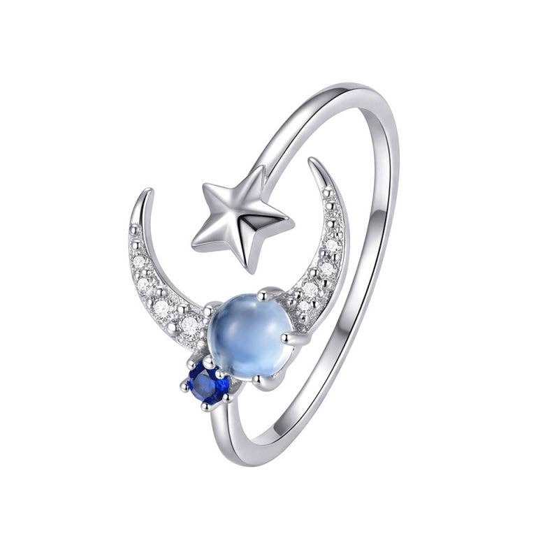 Celestial Star Moon Pave Opal Ring in 925 Sterling Silver