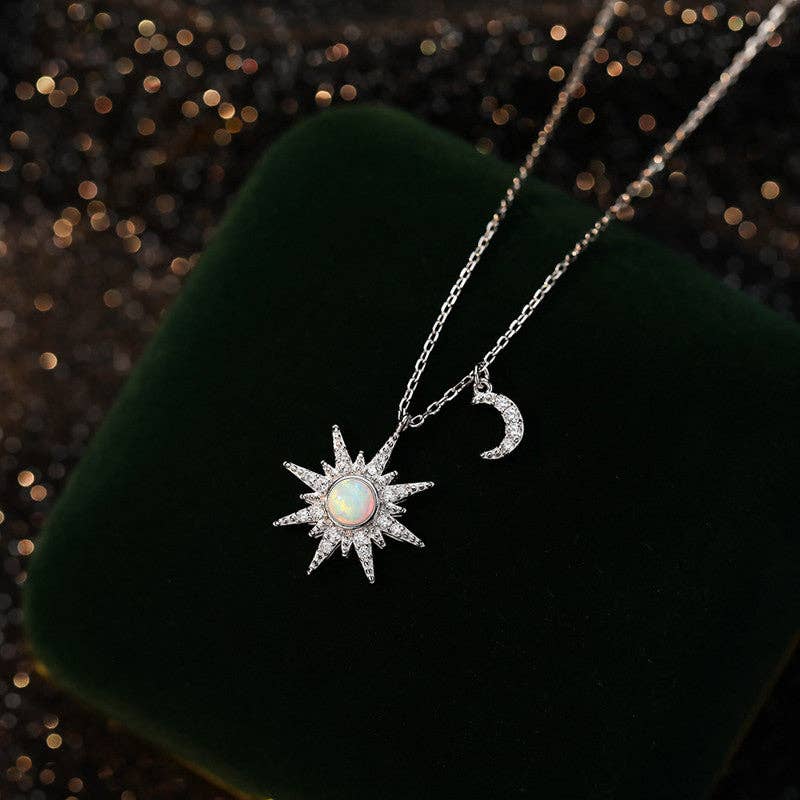 Opal Sun Moon Charm Pendant Necklace in 925 Sterling Silver