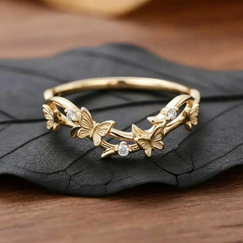 Textured Butterfly Vine CZ Band Ring in 925 Sterling Silver